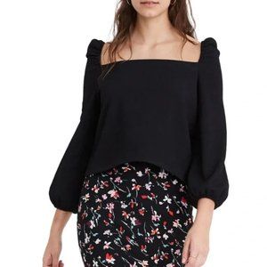 NWT Madewell Crepe Square-Neck Puff-Sleeve Top Black AI514 Size XL